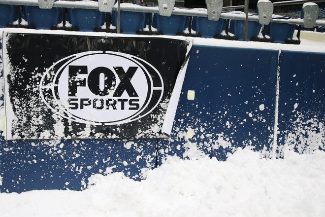 The Fox Sports logo on the wall at Lumen Field in Seattle.