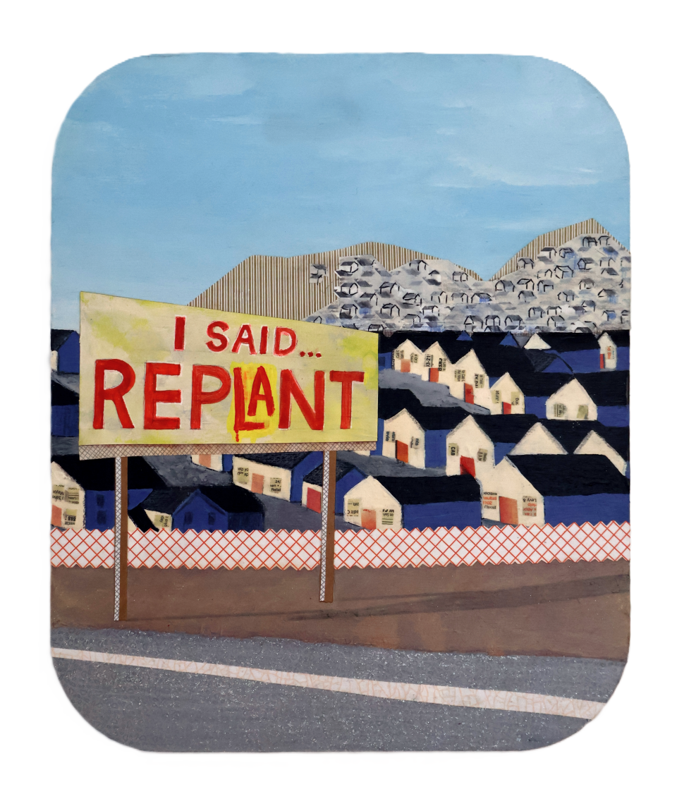 Lisa D. Watson's "I Said Replant" is a 9.5"x11" assemblage of security envelopes, glue paste, ink, glitter and acrylic on cardboard