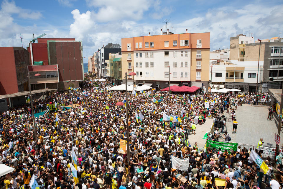People are protesting against the current tourism model on the island of Gran Canaria, on 20 April, 2024. (Photo  by Manuel Navarro/NurPhoto via Getty Images)