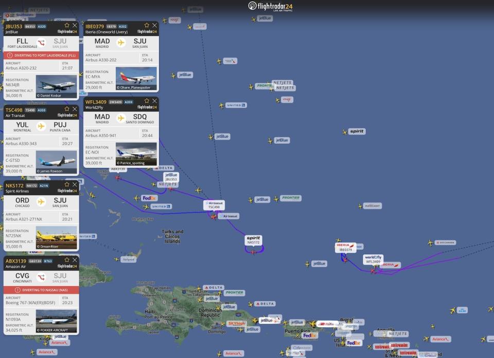 In this screenshot shared by FlightRadar24, flights in and around the Caribbean sea were diverted, turned back or in a holding pattern after the FAA issued a warning about potential debris from a SpaceX test rocket.