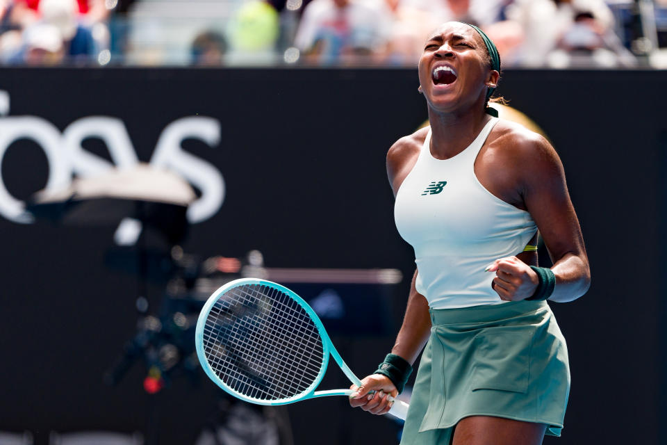 MELBOURNE, AUSTRALIA - JANUARY 19: Coco Gauff of the United States celebrates match point against Belinda Bencic of Switzerland in the Women's Singles Fourth Round match during day six of the 2025 Australian Open at Melbourne Park on January 19, 2025 in Melbourne, Australia. (Photo by Andy Cheung/Getty Images)