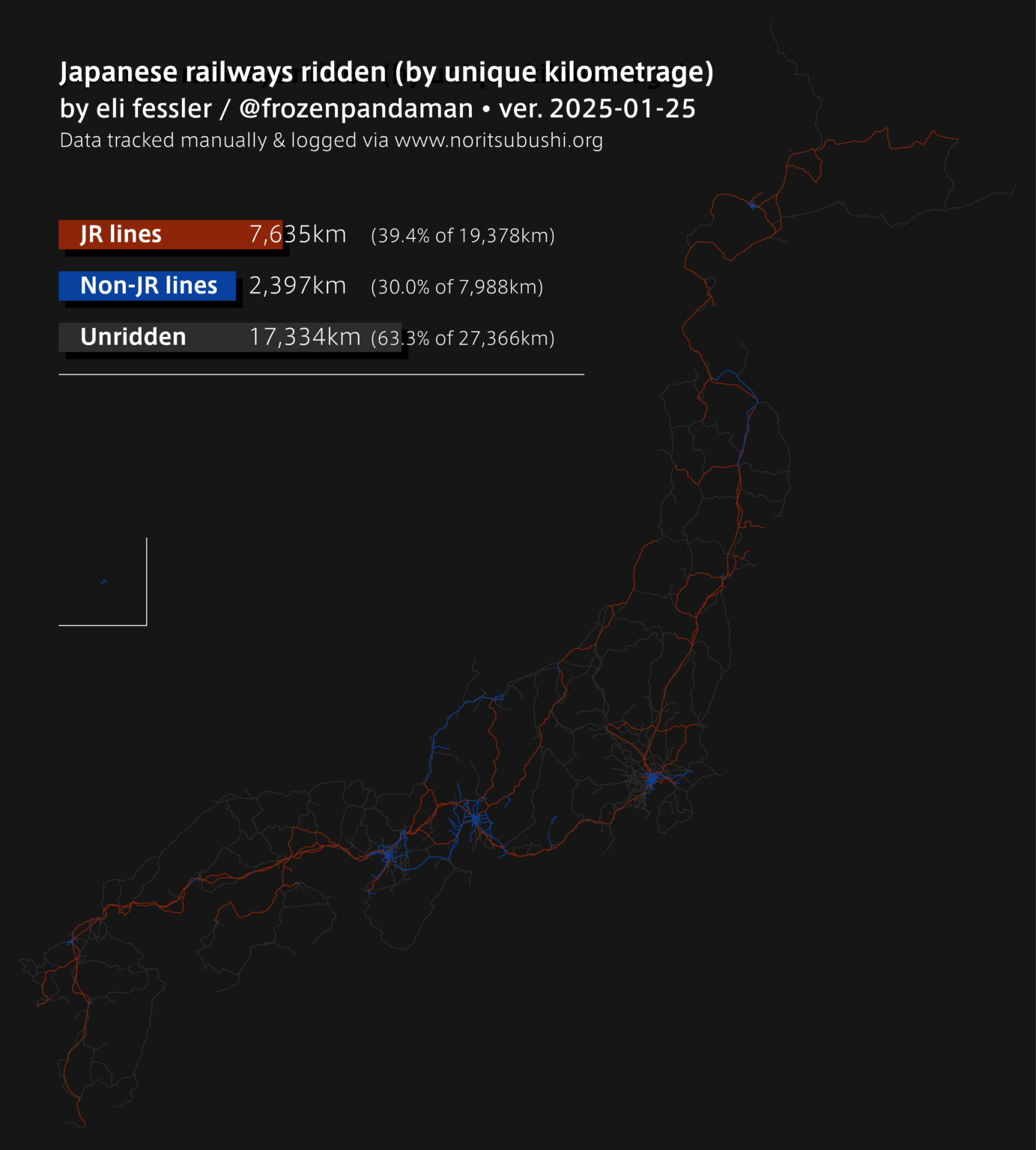 [OC] Today, I completed my goal of riding over 10,000 unique km on railways across Japan!