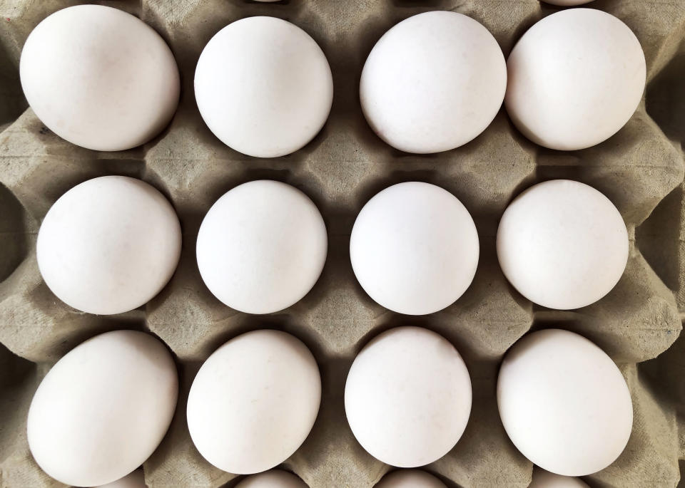A top-down photo of a carton of eggs. The CFIA recalled various brands due to a possible salmonella contamination.