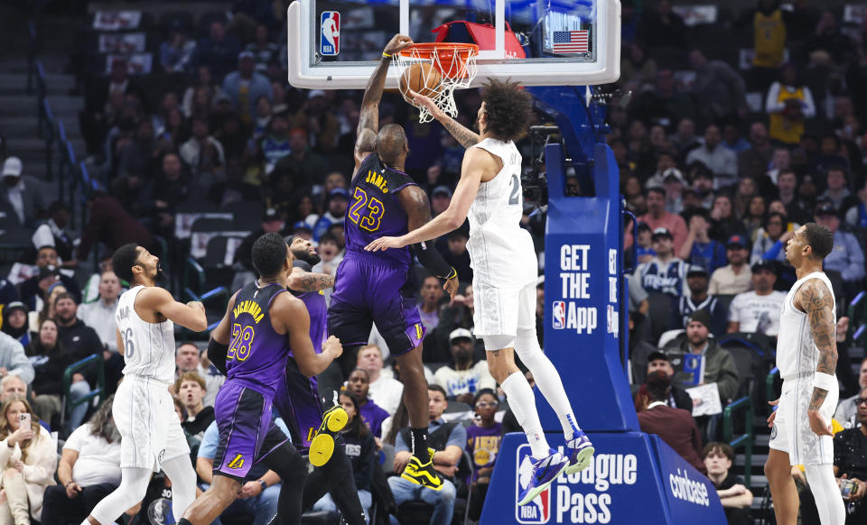 Dereck Lively never stood a chance on this LeBron James dunk. (Kevin Jairaj-Imagn Images)