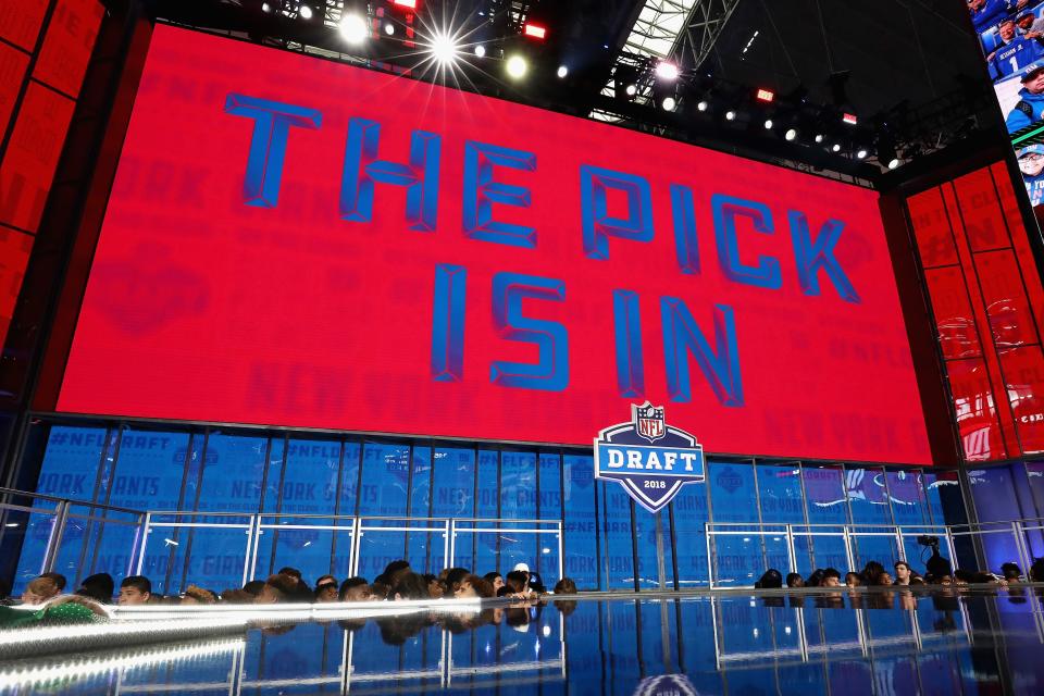 ARLINGTON, TX - APRIL 26: A video board displays the text "THE PICK IS IN" for the New York Giants during the first round of the 2018 NFL Draft at AT&T Stadium on April 26, 2018 in Arlington, Texas. (Photo by Ronald Martinez/Getty Images)