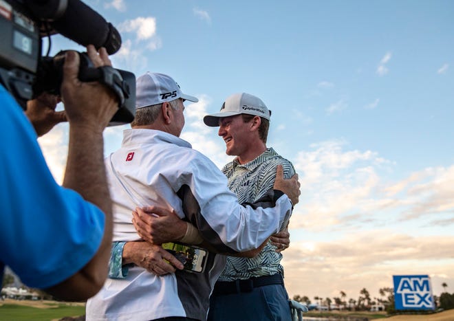 Nick Dunlap gets hugs from his parents Jim and Charlene Dunlap after winning the final round of The American Express on the Pete Dye Stadium Course at PGA West in La Quinta, Calif., Sunday, Jan. 21, 2024. He'll defend his title this weekend in La Quinta.