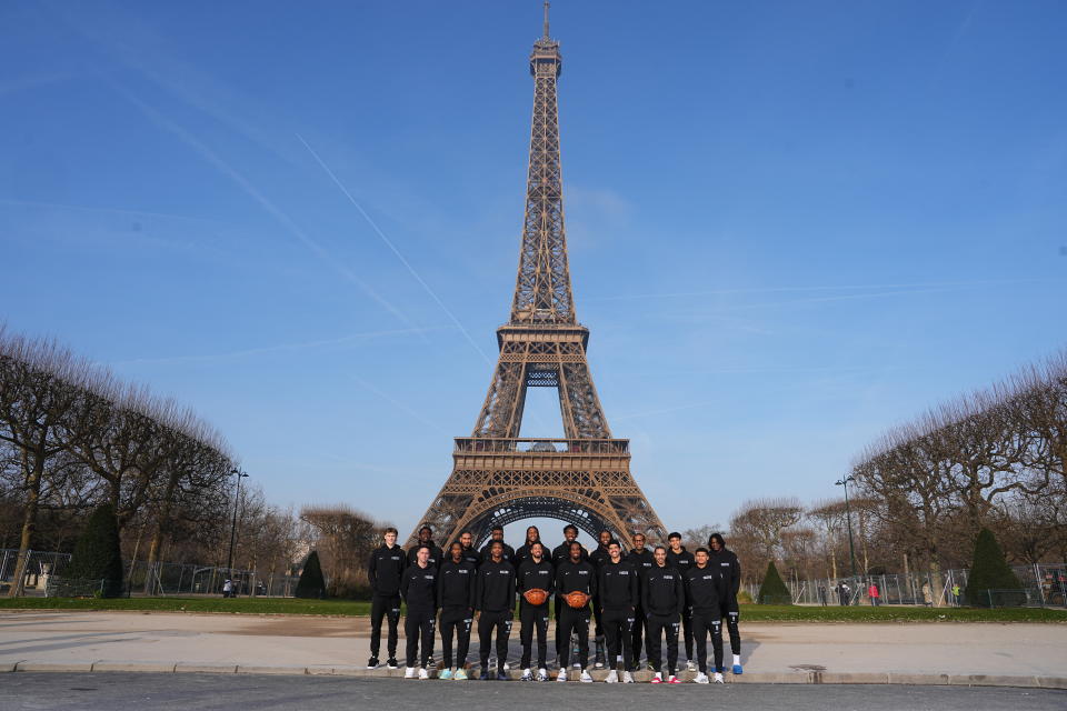 The Pacers in front of the Eiffel Tower. (Garrett Ellwood/NBAE via Getty Images)