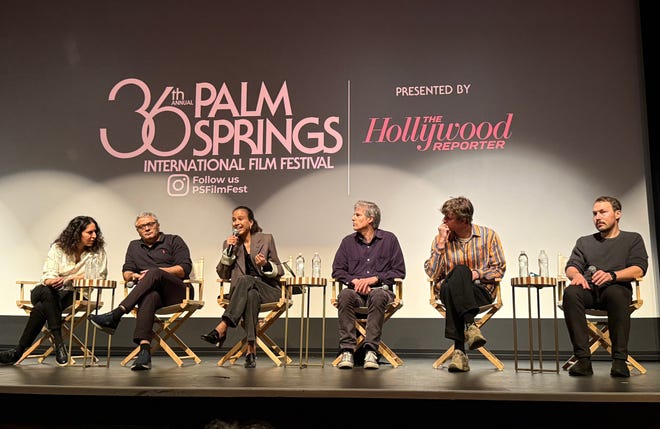 Mohammad Rasoulof (with a translator to his right), Mati Diop, Walter Salles, Halfdan Tondel and Gints Zilbalodis attend the Best International Feature Film panel at the Palm Springs International Film Festival on Jan. 6, 2025. The festival ends Monday with Best of Fest screenings throughout the day.