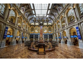 Electronic ticker boards in the main hall of the Madrid stock exchange in Spain.