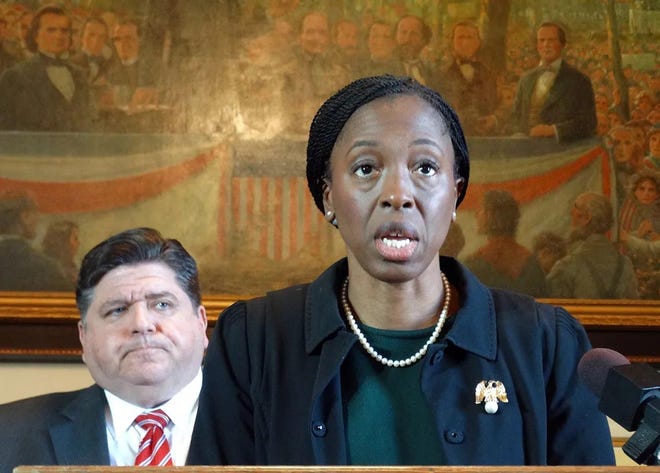 Dr. Ngozi Ezike, then-director of the Illinois Department of Public Health, is shown at a news conference in Gov. JB Pritzker’s office.