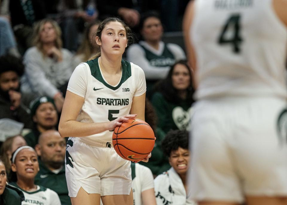 Michigan State junior Emma Shumate (5) looks to shoot against DePaul Sunday, Dec. 8, 2024 at the Breslin Center.