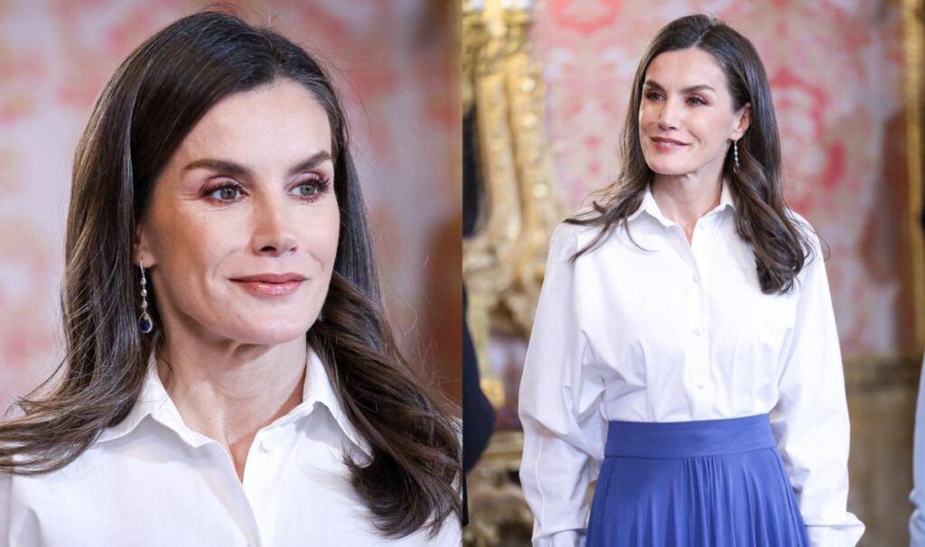 Queen Letizia of Spain Pairs a Flowy Blue Maxiskirt With White Button-down for Royal Reception in Madrid