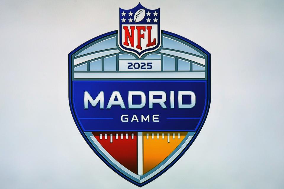Feb 9, 2024; Las Vegas, NV, USA; A logo for the first NFL regular season International Series game to be played in Madrid in 2025 at a press conference at the Super Bowl 58 media center at the Mandalay Bay North Convention Center. Mandatory Credit: Kirby Lee-USA TODAY Sports
