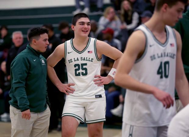 De La Salle's Davit Pachulia (25) warms up before their game against Dublin High at De La Salle High School in Concord, Calif., on Tuesday, Jan. 21, 2025. Pachulia's dad is former Golden State Warriors center Zaza Pachulia, who won two NBA Championships with the team in 2017 and 2018. (Jane Tyska/Bay Area News Group)