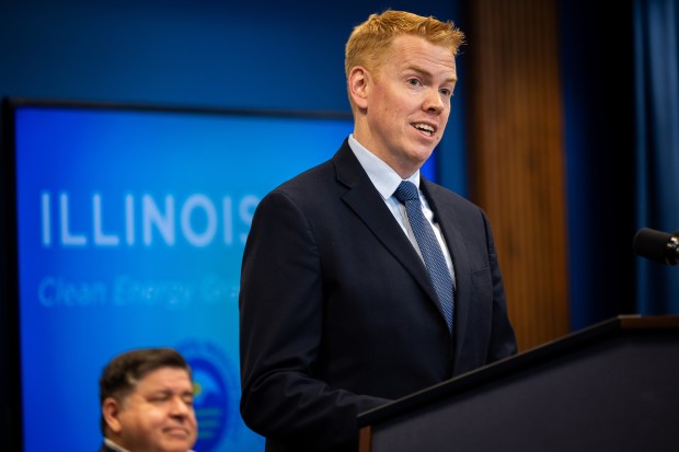 Illinois EPA Director James Jennings speaks at a press conference announcing federal funding for renewable energy in Illinois awarded through the Environmental Protection Agency Clean Ports Program and Climate Pollution Reduction Grant Program on Nov. 15, 2024. (Tess Crowley/Chicago Tribune)