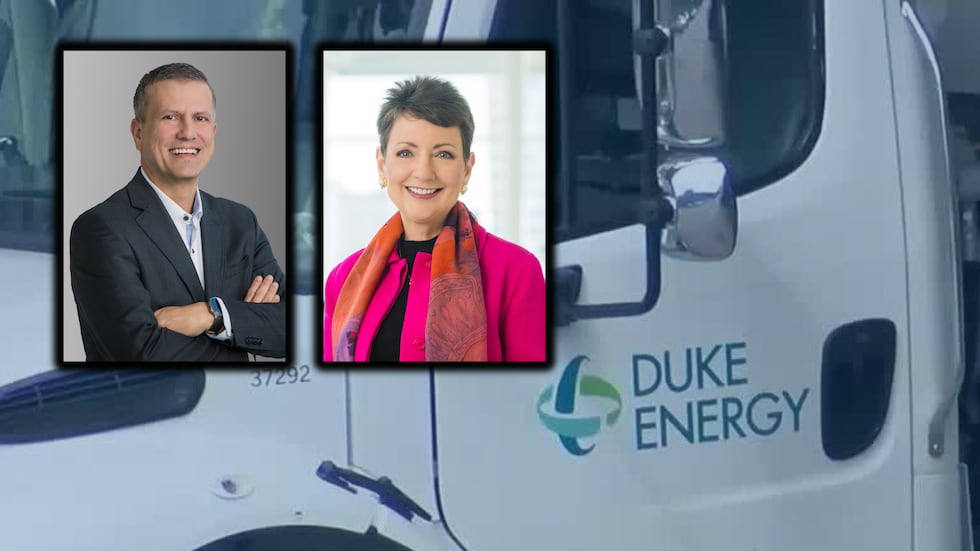 Harry Sideris (left) will take over for Lynn Good (right) as the next CEO of Duke Energy.