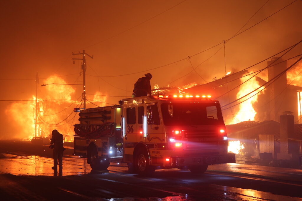 Firefighters battle the Palisades wildfire in Los Angeles, California in January 2025