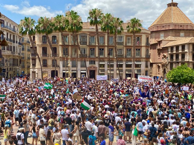 epa11444682 Residents take part in a protest to demand their 'right to have a home' and against mass tourism in Malaga, Spain, 29 June 2024. EPA/MARIA ALONSO