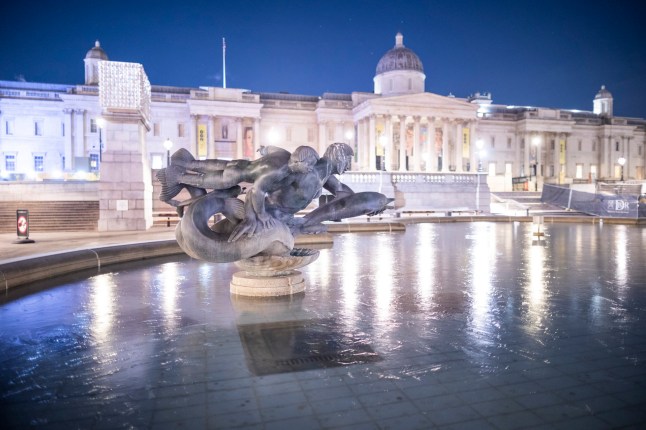 ?George Cracknell Wright 10/01/2025 London, United Kingdom London Freezing Weather Fountains in Trafalgar Square in Central London have frozen over after temperatures in the capital dropped to three degrees below freezing last night. Temperatures in parts of the capital dropped below freezing last night with yellow weather warnings for snow and ice place in parts of the United Kingdom. Photo Credit: George Cracknell Wright