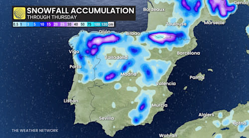January 28 forecast: Snowfall accumulations in Spain, Jan 28 through 29, 2025
