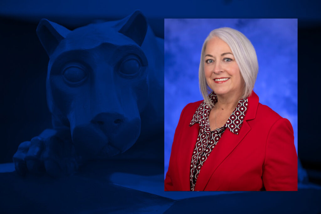Swenson named VP of musculoskeletal services at Penn State Health A headshot of Teresa Swenson, wearing professional attire, placed over an image of a Penn State Nittany Lion statue.