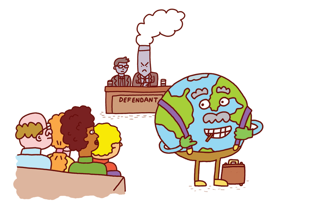 Environmental lawyers are meeting Trump’s policies head-on An illustration depicting an environmental lawyer defending the environment from polluters