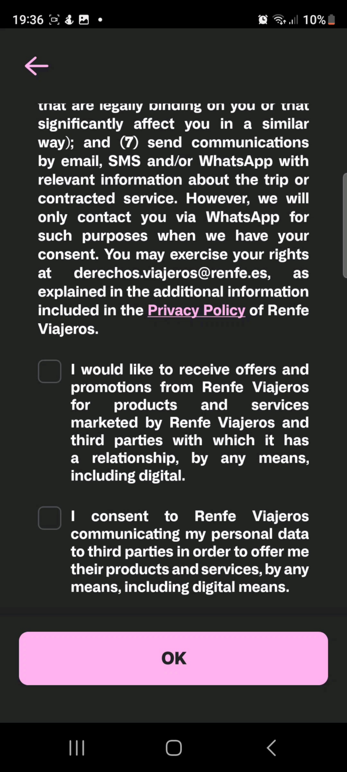 Renfe App forcing me to consent to them selling data to third parties