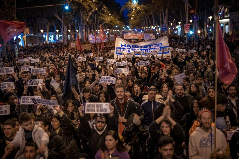 Demonstrators in Barcelona protesting the rising cost of renting (The Associated Press)