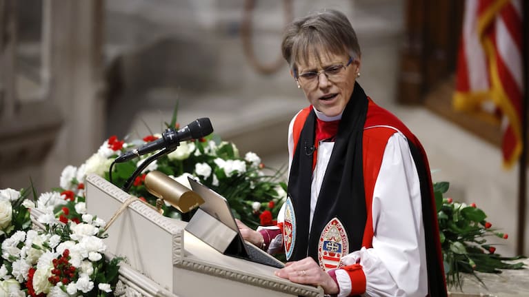Bishop Mariann Edgar Budde delivers a sermon during the National Prayer Service at Washington National Cathedral on January 21, 