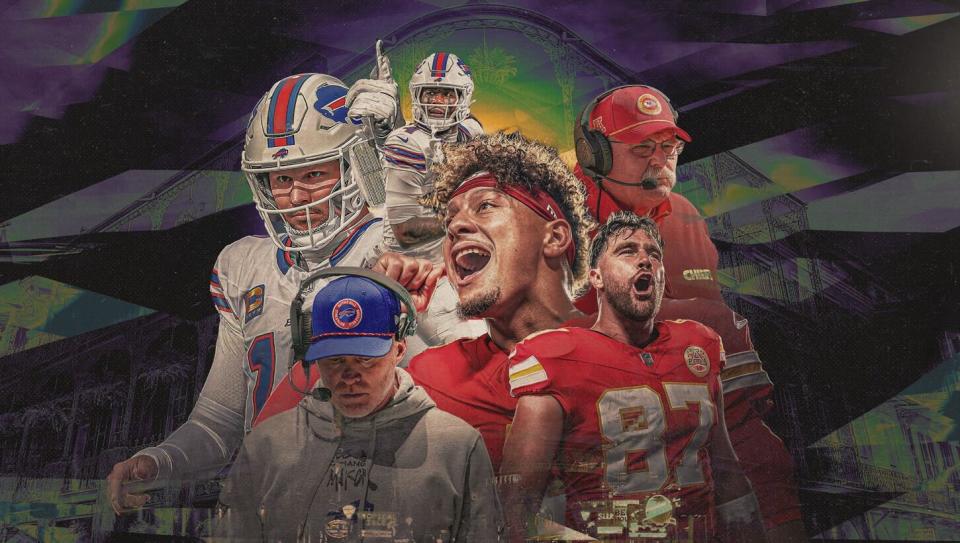 Josh Allen and the Bills are trying to finally get over the hump and reach the Super Bowl. Patrick Mahomes and the Chiefs' dynasty remains in their way. (Yahoo Sports/Amber Matsumoto)