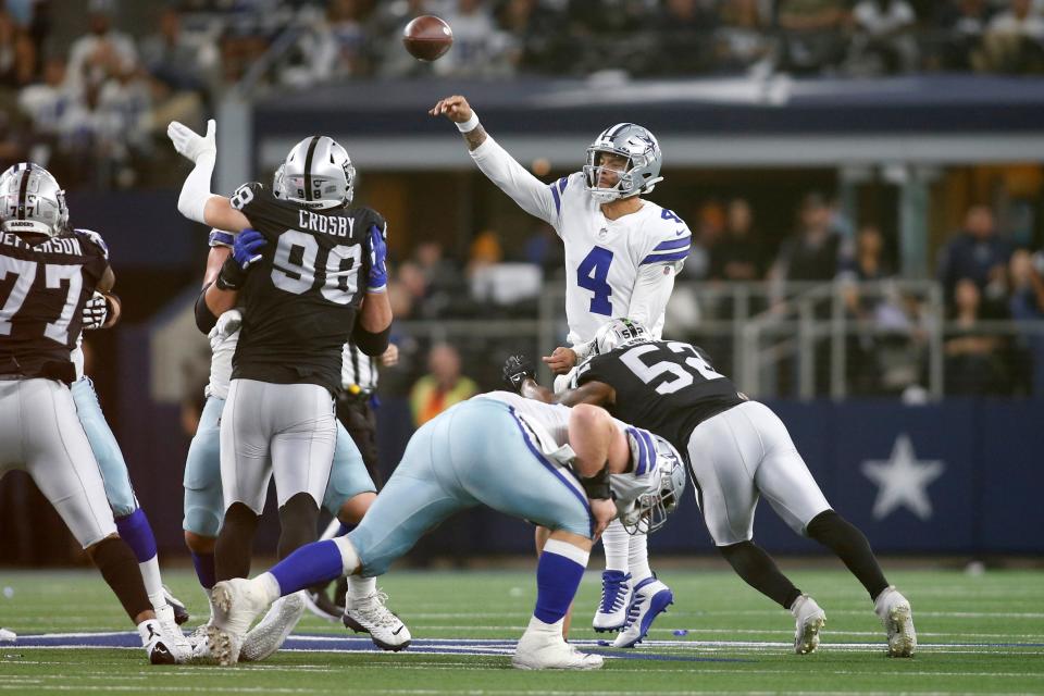 Nov 25, 2021; Arlington, Texas, USA; Dallas Cowboys quarterback Dak Prescott (4) throws the ball while pressured by Las Vegas Raiders linebacker Javin White (53) in the second quarter at AT&T Stadium. Mandatory Credit: Tim Heitman-USA TODAY Sports