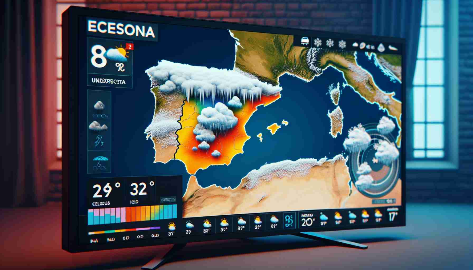 Shocking Weather Predictions: Is Snow Heading for Spain? Create a highly detailed image of a weather forecast screen predicting unexpected snowfall in Spain. The broadcast screen should feature a map of Spain color-coded to illustrate the upcoming storm, ice, and snow. You may also display the temperature in Celsius indicating a significant drop. Please ensure it appears as a professional forecast commonly seen on television, with high definition quality and realism.