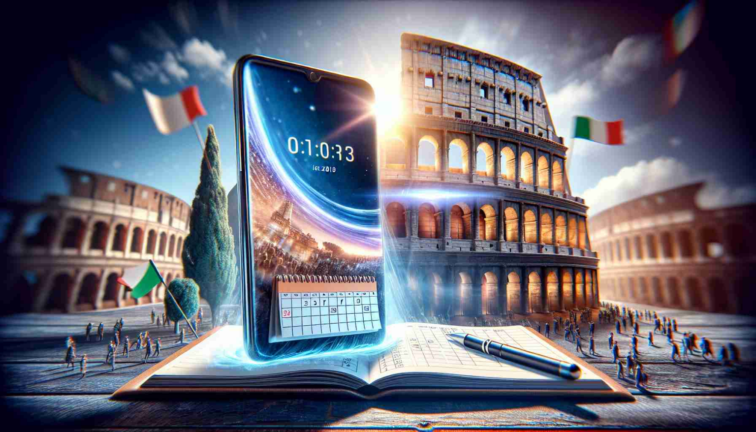 A realistic, high-definition image representing the launch of a brand-new, advanced generation smartphone in Italy, not specifically branded but embodying the spirit of recent technological innovations. Illustrate a calendar with a highlighted date symbolizing the release, a depiction of the Colosseum in the background to represent Italy, and an aura of expectancy and excitement exuding from the scene as if anticipating the smartphone's latest features.