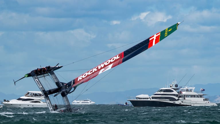 Denmark SailGP Team helmed by Nicolai Sehested nearly capsize during practice ahead of Race Day 2 of The Rolex SailGP 2025 Championship ITM New Zealand Sail Grand Prix in Auckland
