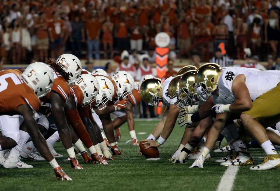 Sep 4, 2016; Austin, TX, USA; General view of the line of scrimmage as the Texas Longhorns play the Notre Dame Fighting Irish at Darrell K Royal-Texas Memorial Stadium. Mandatory Credit: Kevin Jairaj-USA TODAY Sports