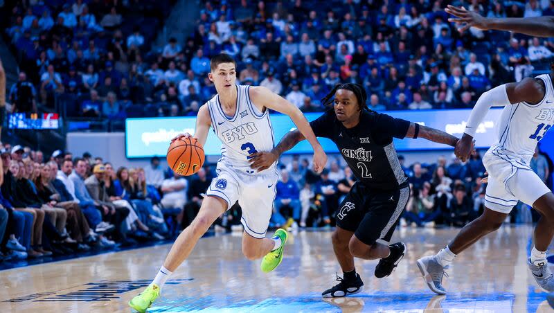 BYU guard Egor Demin drives against Cincinnati on Jan. 25, 2025 at the Marriott Center in Provo.