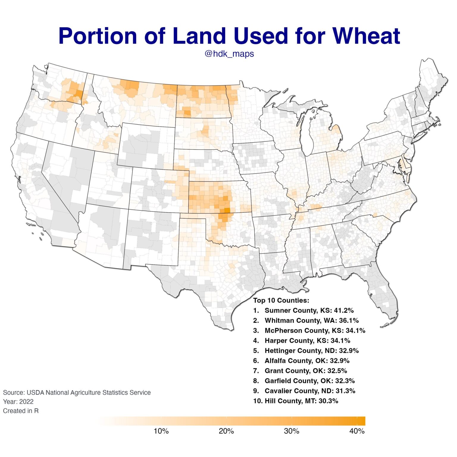 [OC] Portion of Land Area Used for Wheat Farming in the US