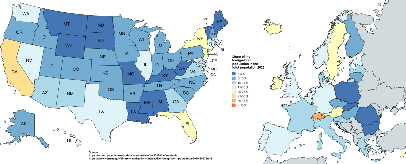 Proportion of foreign-born people in US states and European countries, 2023 [OC]