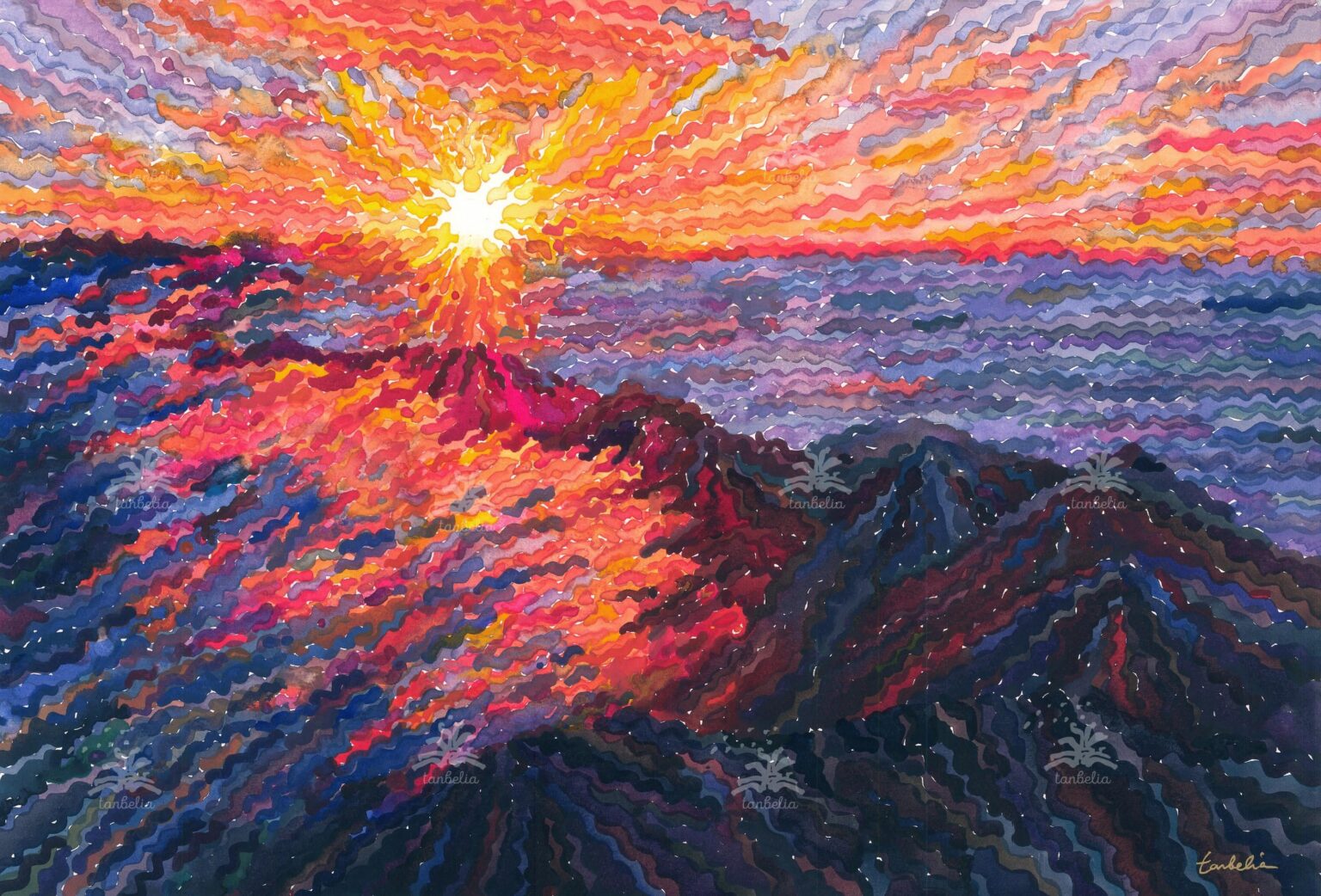 Timanfaya National Park, Watercolor painting, 15 x 22 inches - sunset on the volcano in the Canary Islands in Spain