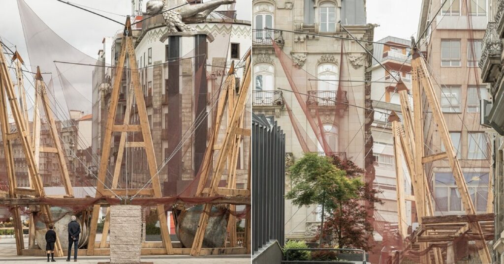 +cruz.atelier reclaims fishing nets & mussel platform wood for pavilion, spain +cruz.atelier reclaims fishing nets & mussel platform wood for pavilion, spain