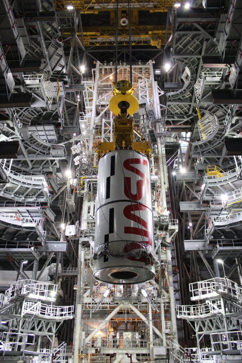 Artemis II Space Launch System stacking operations in January 2025 [Credit: NASA EGS]