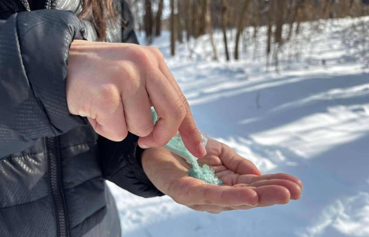 A small amount of road salt is being poured out of a container into a hand.