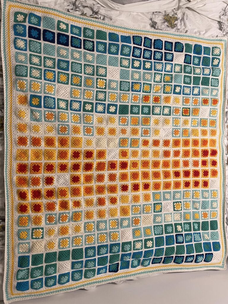 [OC] Ljubljana's daily highest, average and lowest temperatures in 2024 visualized in a crochet temperature blanket