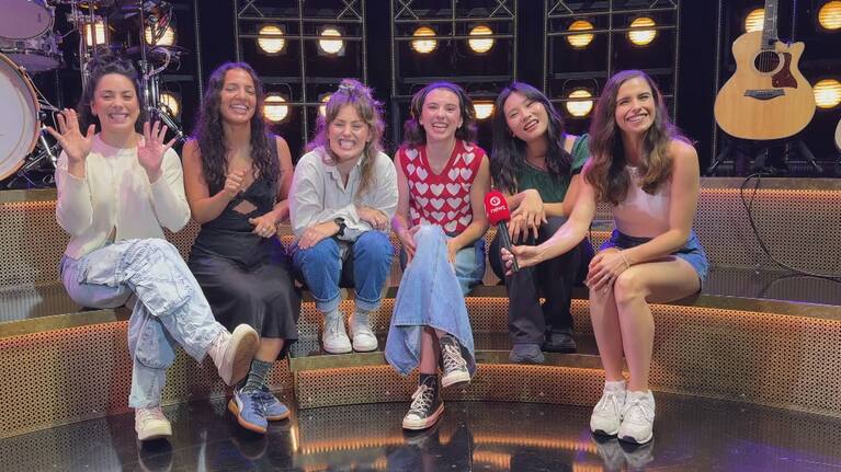 Six the Musical cast, from left: Kimberley Hodgson (Catherine of Aragon), Georgia Kennedy (Catherine Parr), Loren Hunter (Jane Seymour), Chelsea Dawson (Katherine Howard), Deirdre Khoo (Anne Boleyn), and Chiara Assetta (dance captain/swing).
