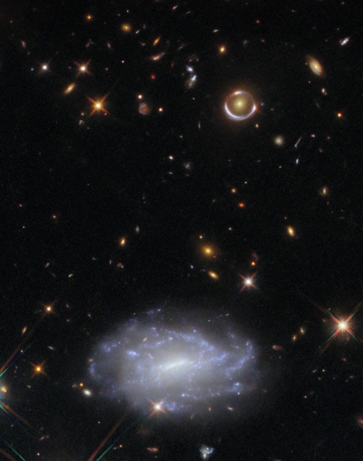 The Hubble telescope's Picture of the Week featured a galaxy in a nearly complete Einstein ring due to gravitational lensing.  Credit: ESA/Hubble & NASA, D. Erb