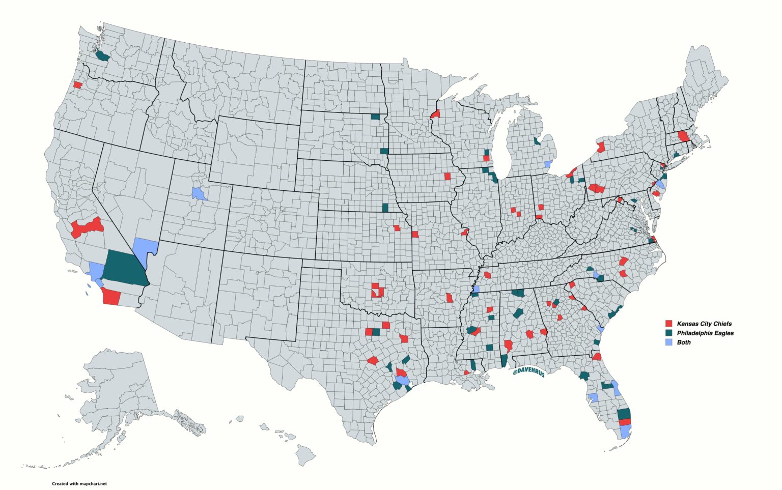 [OC] The birthplace of every player on the Super Bowl LIX rosters by county