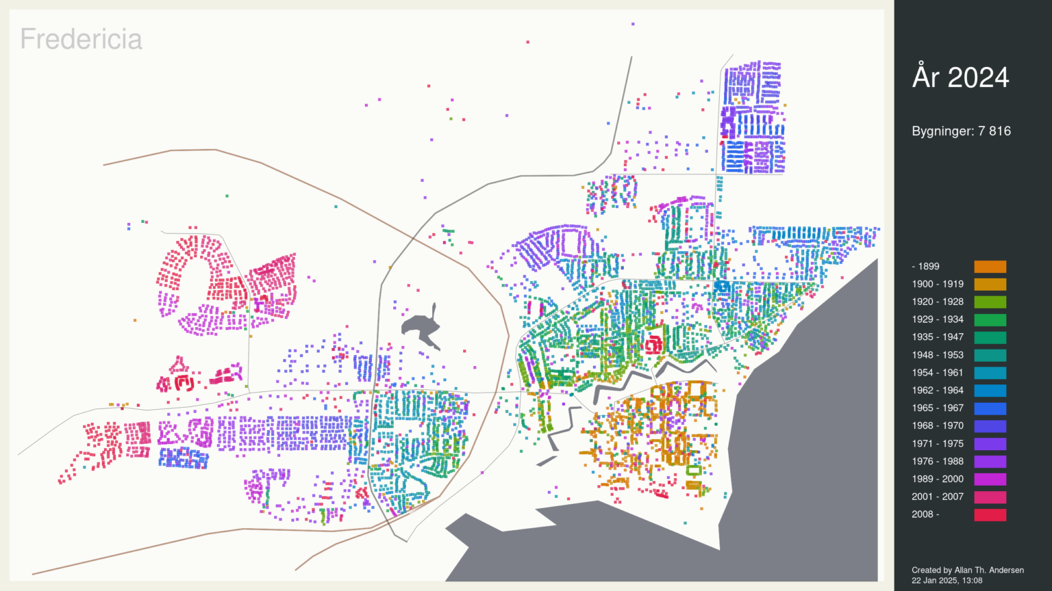 [OC] All houses in the city of Fredericia (Denmark) by year of construction