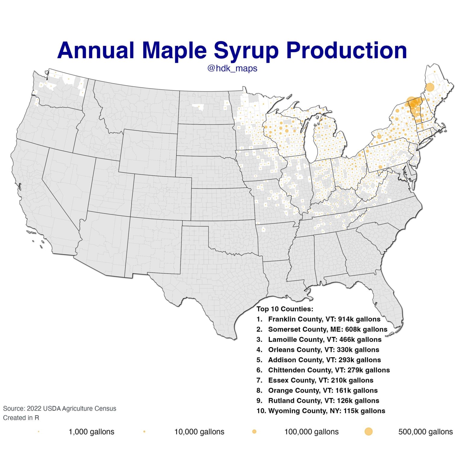 [OC] Annual Maple Syrup Production by County