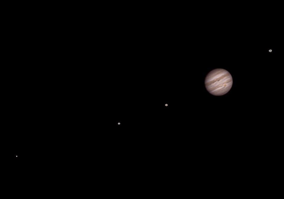 Jupiter and its four moons through a telescope in my back garden
