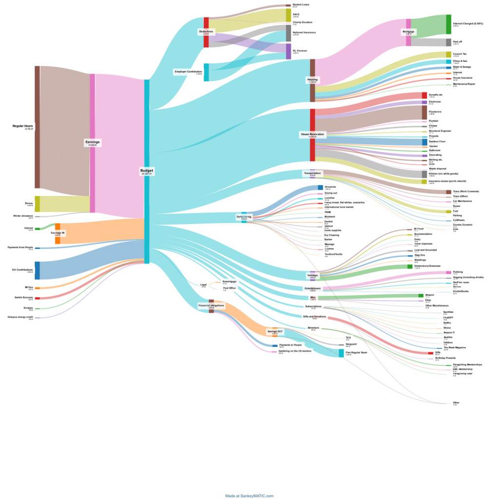 My entire life in income and expenses for the last 3 years. Massive decrease in fun, massive increase in house renovation. I have shed loads of data suggestions of what to do with it?
